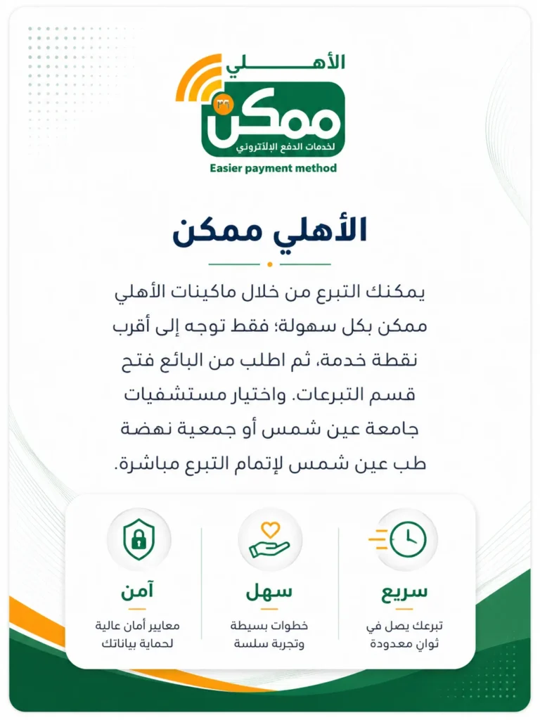 بطاقة تعريفية احترافية لخدمة الأهلي ممكن توضح خطوات التبرع لمستشفيات عين شمس عبر نقاط الخدمة