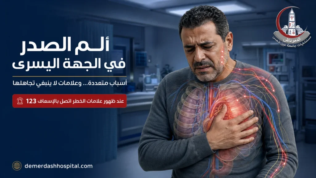 شخص يعاني من ألم الصدر في الجهة اليسرى مع توضيح القلب والرئتين وامتداد الألم
