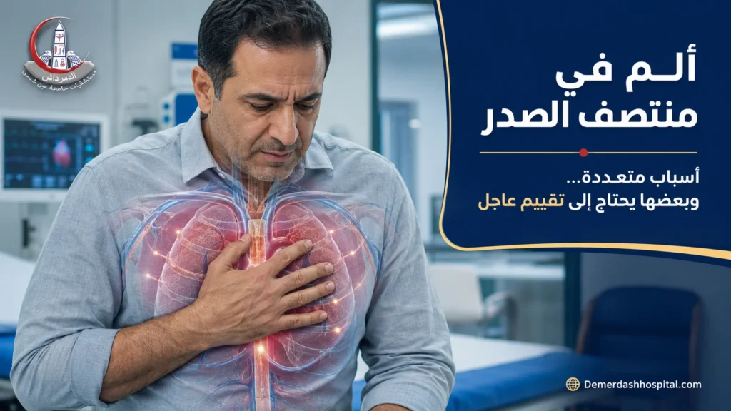 مريض يشعر بألم في منتصف الصدر مع توضيح القلب والرئتين والمريء وجدار الصدر