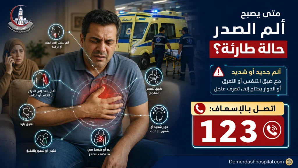 علامات خطر ألم الصدر مثل ضيق التنفس والتعرق وامتداد الألم مع توضيح رقم الإسعاف 123