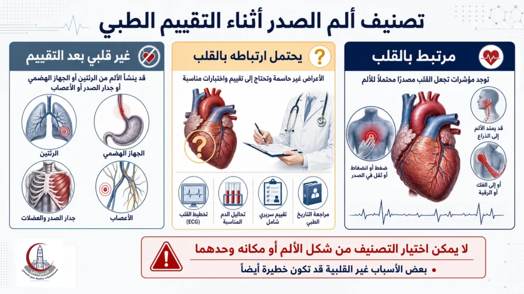 تصنيف ألم الصدر إلى مرتبط بالقلب أو محتمل الارتباط بالقلب أو غير قلبي بعد التقييم