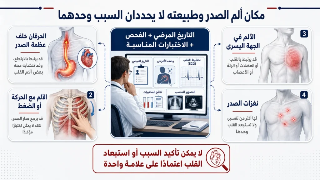 توضيح أن ألم الجهة اليسرى والنغزات والحرقان وتأثر الألم بالحركة لا تحدد السبب بمفردها