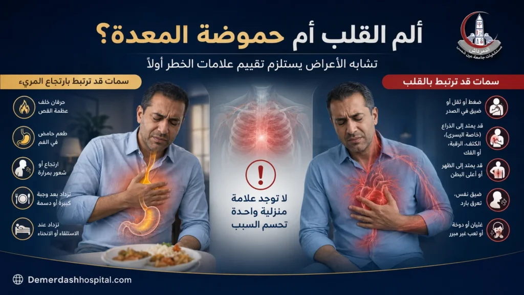 مقارنة توضيحية بين السمات المحتملة لألم القلب وحموضة المعدة مع بيان تداخل الأعراض