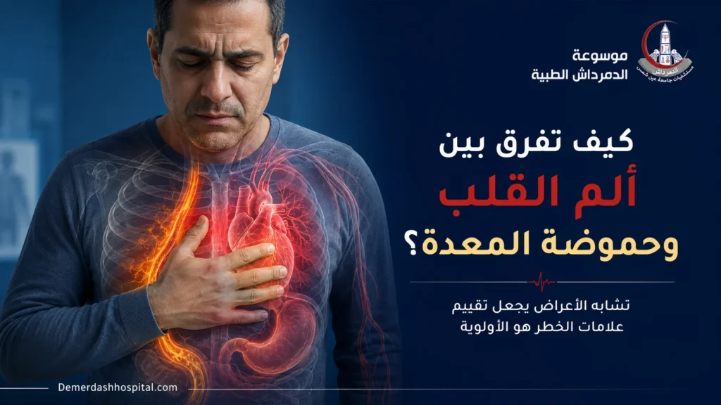توضيح تشريحي لتشابه موضع ألم القلب وحموضة المعدة خلف عظمة الصدر