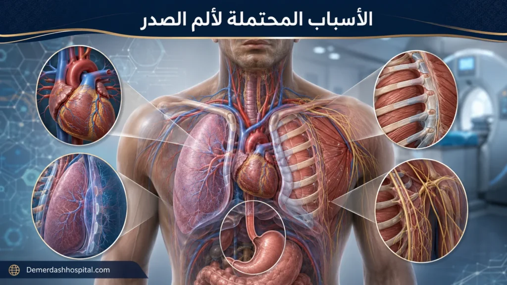 الأسباب القلبية والعضلية والرئوية والهضمية والعصبية لألم الصدر