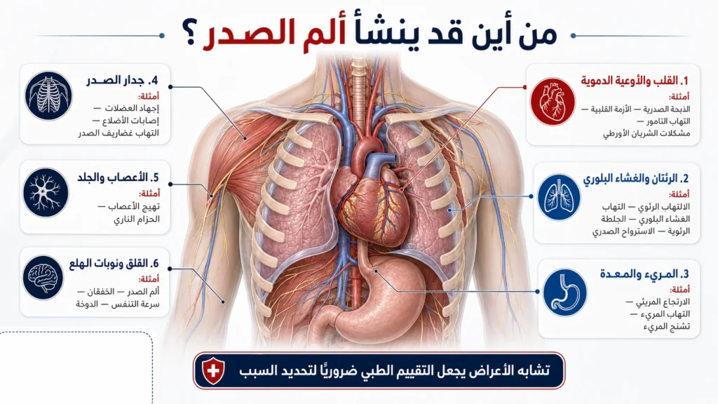 سم تشريحي لمصادر ألم الصدر المحتملة من القلب والرئتين والمريء والعضلات والأعصاب