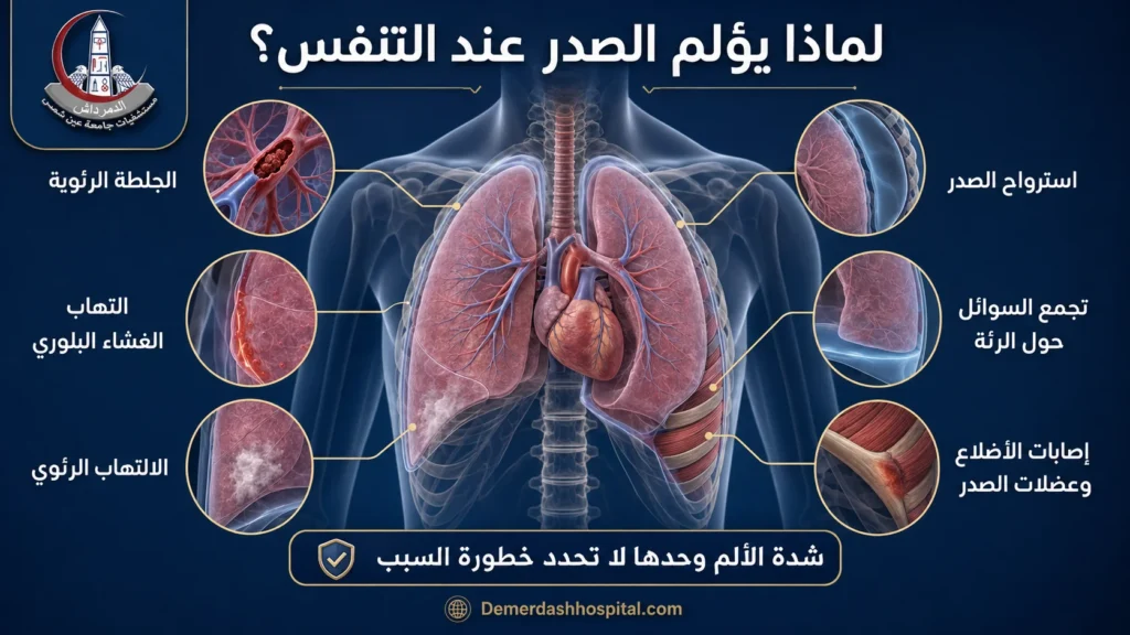 رسم تشريحي يوضح أسباب ألم الصدر عند التنفس مثل الجلطة الرئوية والتهاب الغشاء البلوري والالتهاب الرئوي