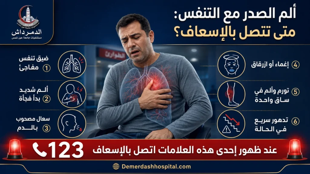 علامات الطوارئ المصاحبة لألم الصدر عند التنفس ومنها ضيق التنفس والسعال الدموي والإغماء