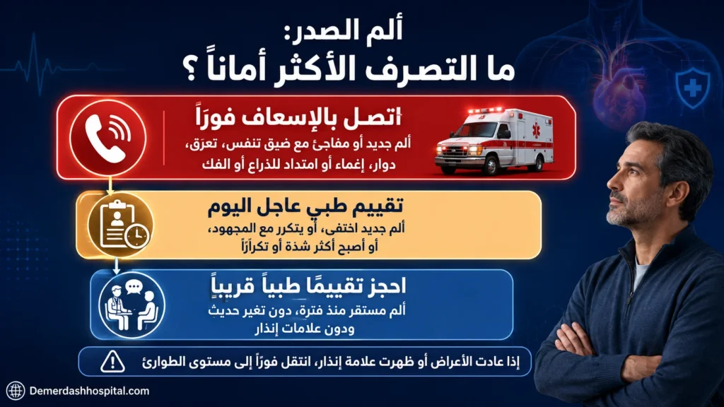 مخطط يوضح متى يتطلب ألم الصدر الاتصال بالإسعاف أو التقييم العاجل أو الموعد الطبي
