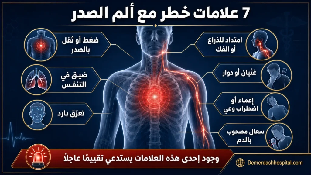 إنفوجرافيك يوضح علامات خطر ألم الصدر مثل ضيق التنفس والتعرق والدوار وامتداد الألم