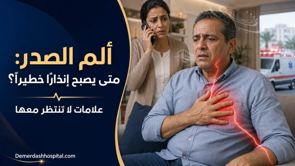 رجل يعاني من ألم وضغط في الصدر مع علامات تحذيرية تستدعي الاتصال بالإسعاف