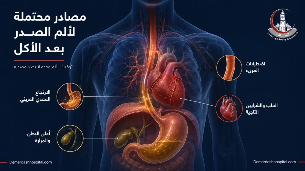 رسم طبي يوضح القلب والمريء والمعدة كمصادر محتملة لألم الصدر بعد الأكل