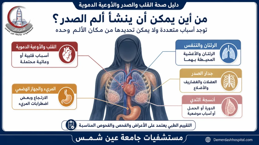 الأسباب المحتملة لألم الصدر عند النساء من القلب والرئتين وجدار الصدر والمريء وأنسجة الثدي