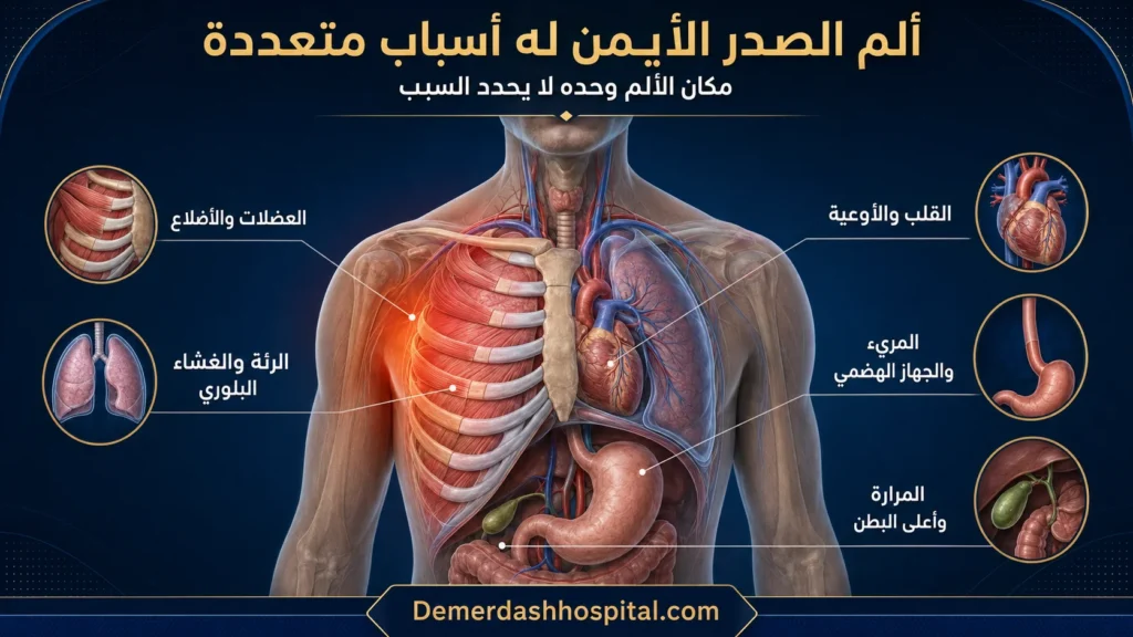 خريطة توضح الأسباب المحتملة لألم الصدر في الجانب الأيمن