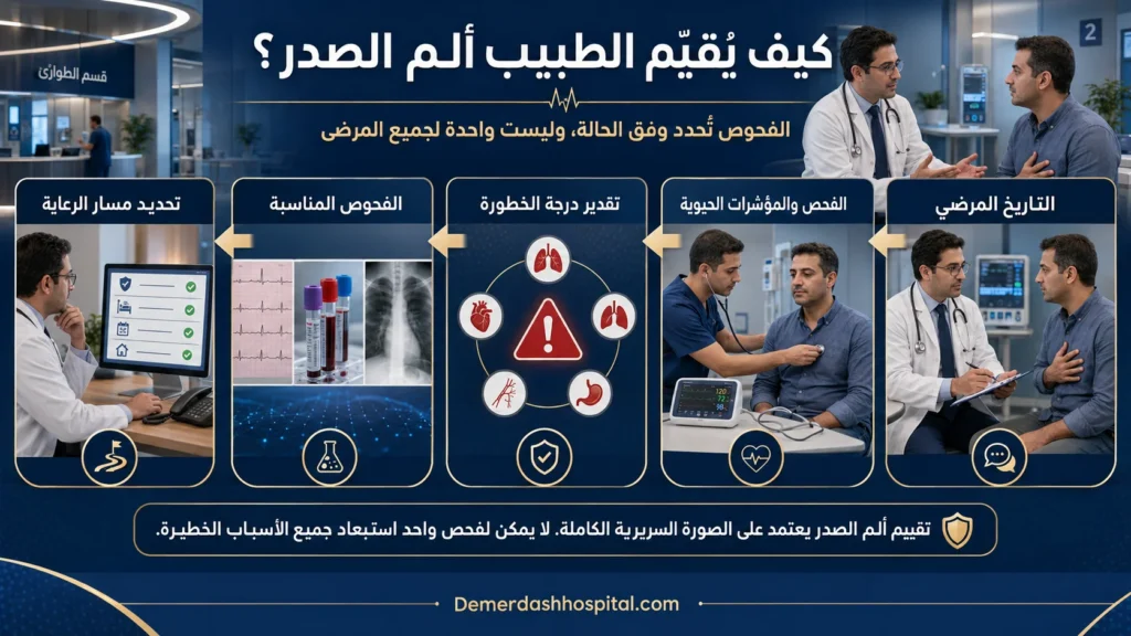 خطوات تقييم الطبيب لألم الصدر من الفحص إلى تخطيط القلب والتحاليل والأشعة