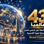 تصميم يبرز حصول مستشفيات جامعة عين شمس على المركز 43 عالميًا في تصنيف Brand Finance لعام 2026.