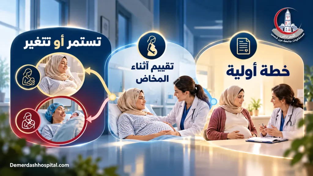 رسم يوضح وضع خطة أولية ثم إعادة تقييمها أثناء المخاض وإمكان استمرارها أو تغيرها