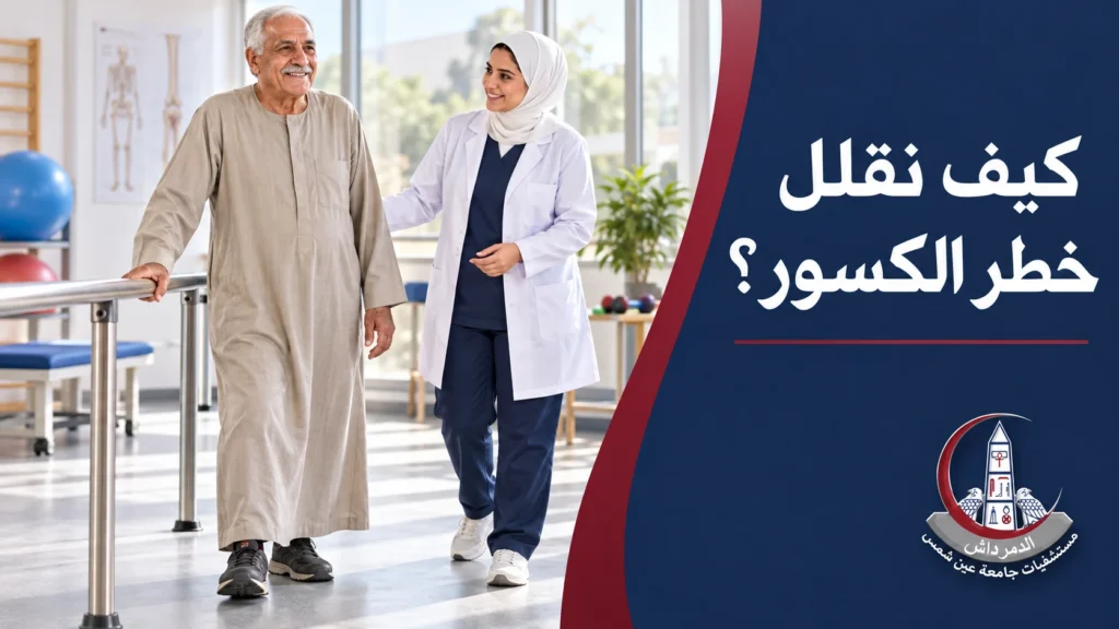 رجل كبير في السن يتدرب على الاتزان قرب مسند ثابت بإشراف مختصة.