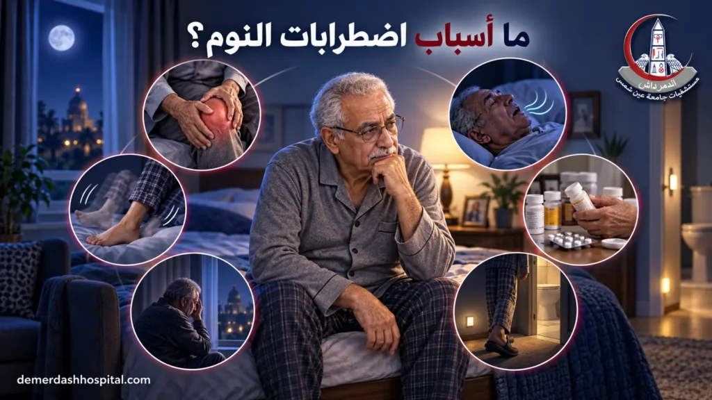 أسباب محتملة لاضطرابات النوم عند كبار السن تشمل الألم والأدوية واضطراب التنفس والحالة النفسية.