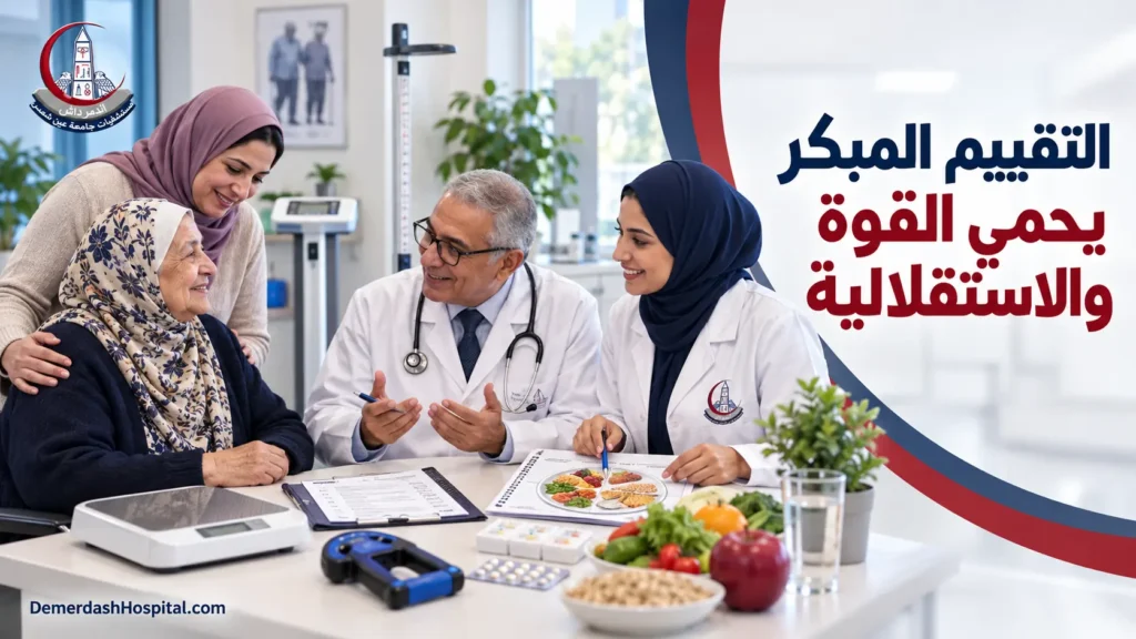 فريق طب المسنين والتغذية يناقش خطة رعاية مع سيدة كبيرة السن وأحد أفراد أسرتها