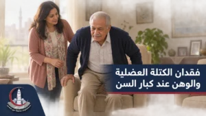 كبير سن ينهض من كرسي بمساندة قريبة من ابنته، في مشهد يوضح تغيّر القدرة على الحركة