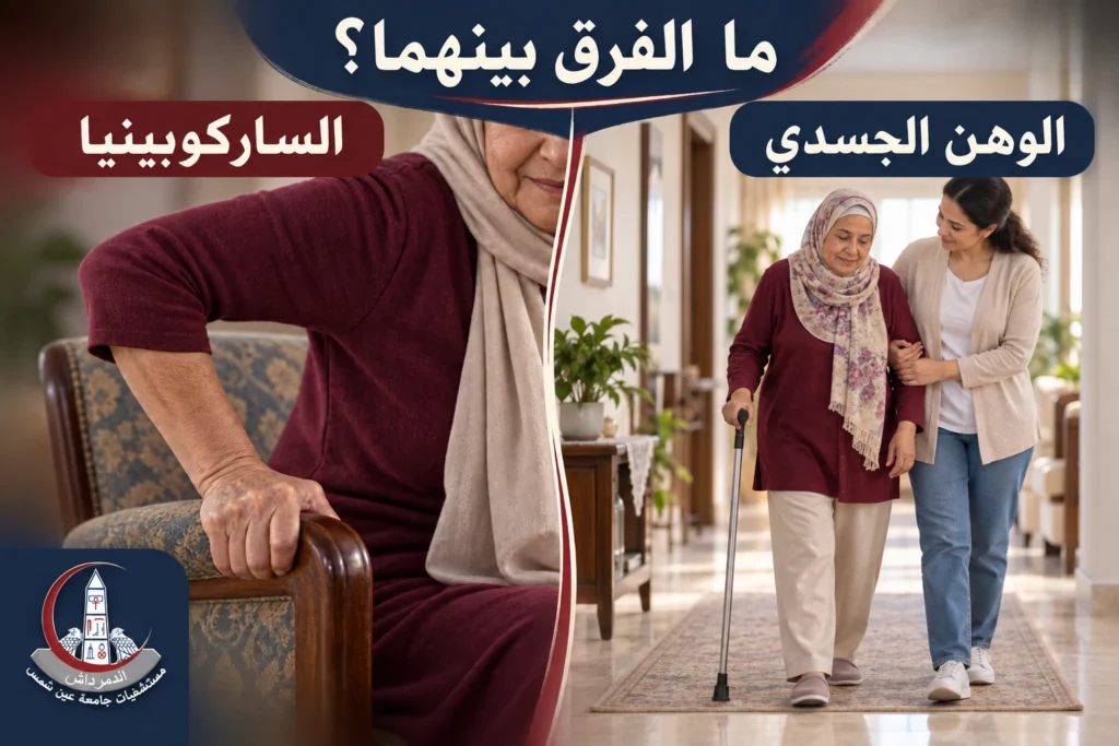 رسم توضيحي يقارن بين التركيز على العضلات في الساركوبينيا واتساع التقييم في الوهن الجسدي.