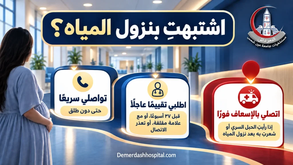 مخطط يوضح التواصل السريع عند الاشتباه، والتقييم العاجل قبل 37 أسبوعًا أو عند وجود علامة مقلقة أو تعذر الاتصال، والاتصال بالإسعاف عند رؤية الحبل السري أو الإحساس به.